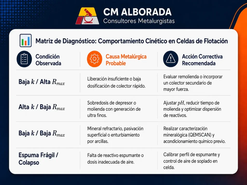 Matriz de diagnóstico de comportamiento cinético en celdas de flotación